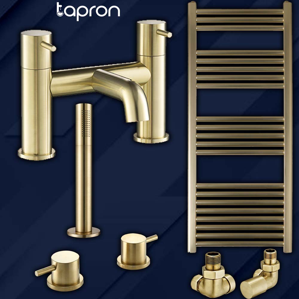 Bath Filler,  panel Valves, Gold  Shower Handle, Radiator Valve, brushed gold heated towel rail