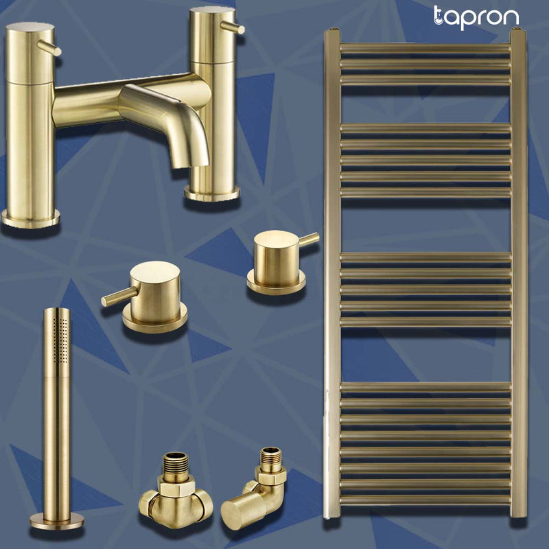 Gold Pullout Shower Handle with Overflow Waste, Radiator Valve & Heated Towel Rail Bath Filler Tap