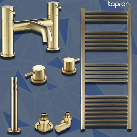 Gold Pullout Shower Handle with Overflow Waste, Radiator Valve & Heated Towel Rail Bath Filler Tap