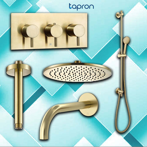 Gold bathroom set: round shower arm, head, slider rail kit, basin tap spout, thermostatic shower valve
