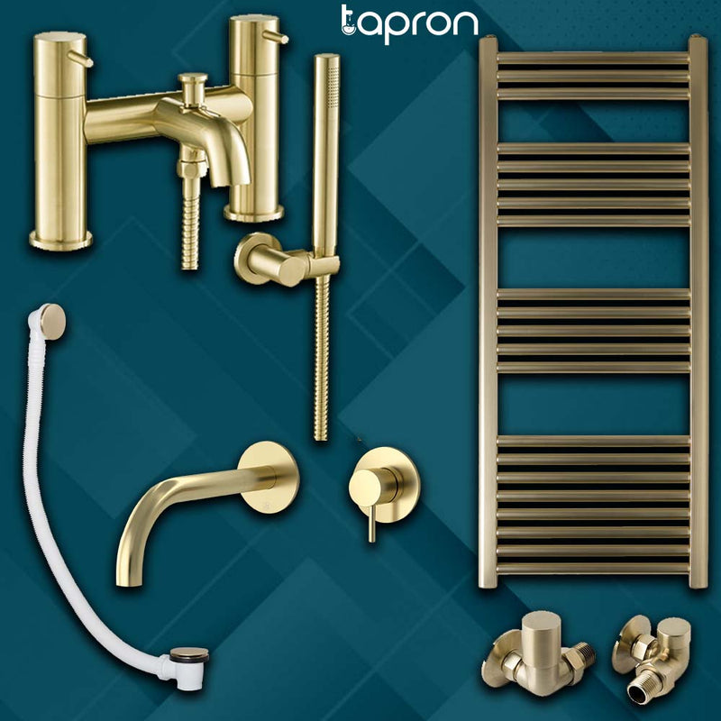 Gold mixer tap, single lever basin, heated rail, click clack waste