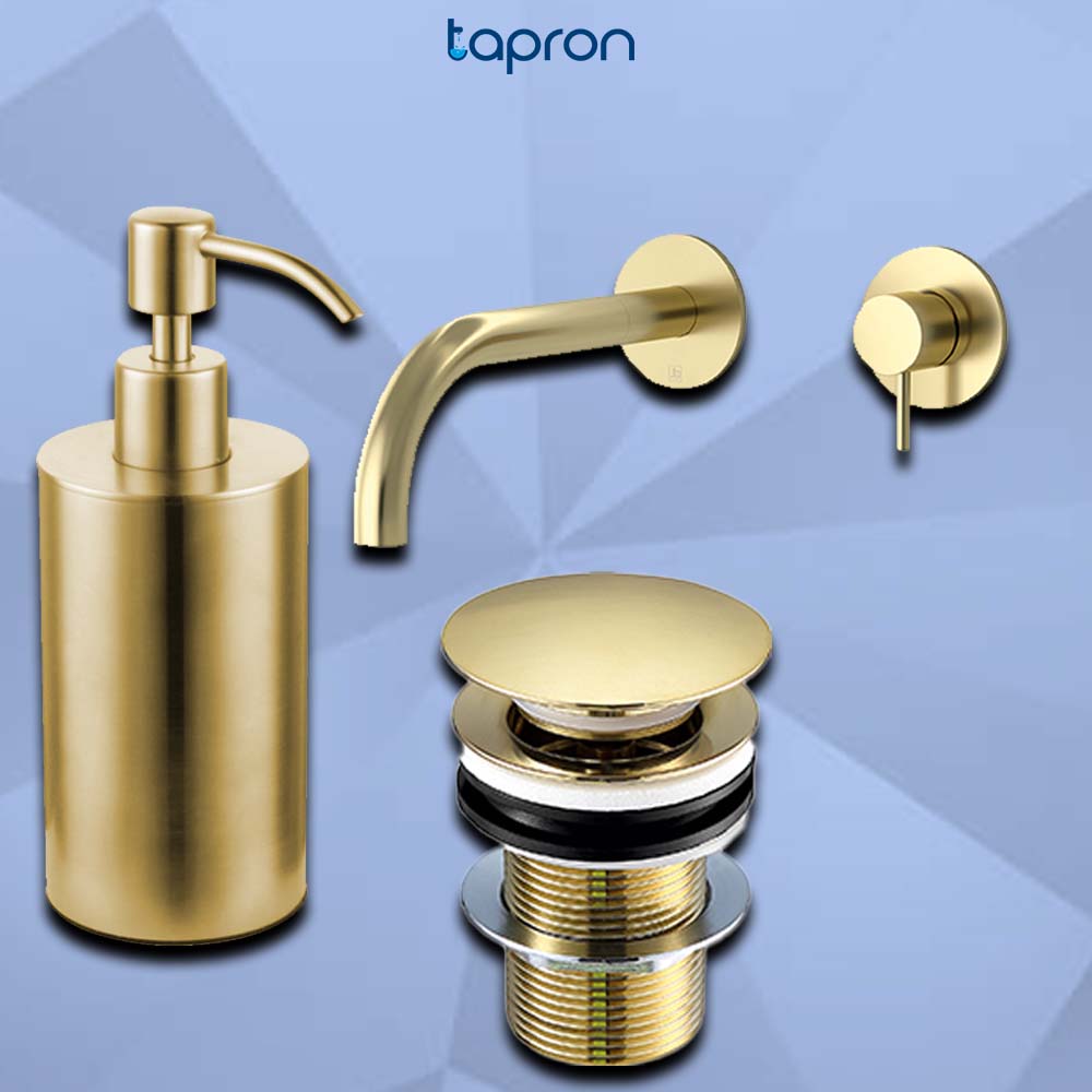 single lever basin mixer taps, deck mounted soap dispenser, gold Basin Wastes