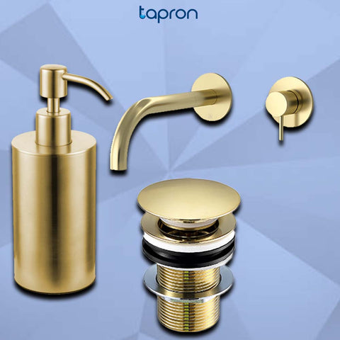 single lever basin mixer taps, deck mounted soap dispenser, gold Basin Wastes