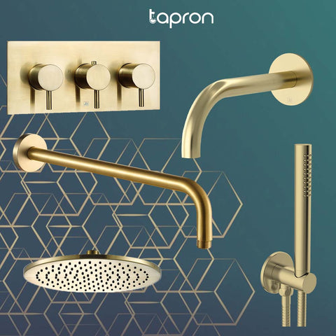 Gold thermostatic shower valve set with shower arm, head, basin mixer tap, spout, water outlet hose, and hand shower