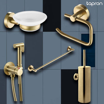 Gold wall-mounted douche shower, bathroom accessories, and radiator rail Main image