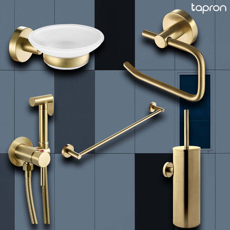 Gold wall-mounted douche shower, bathroom accessories, and radiator rail