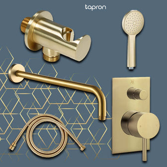 Gold wall-mounted shower arm, handset, diverter, and hose Main image
