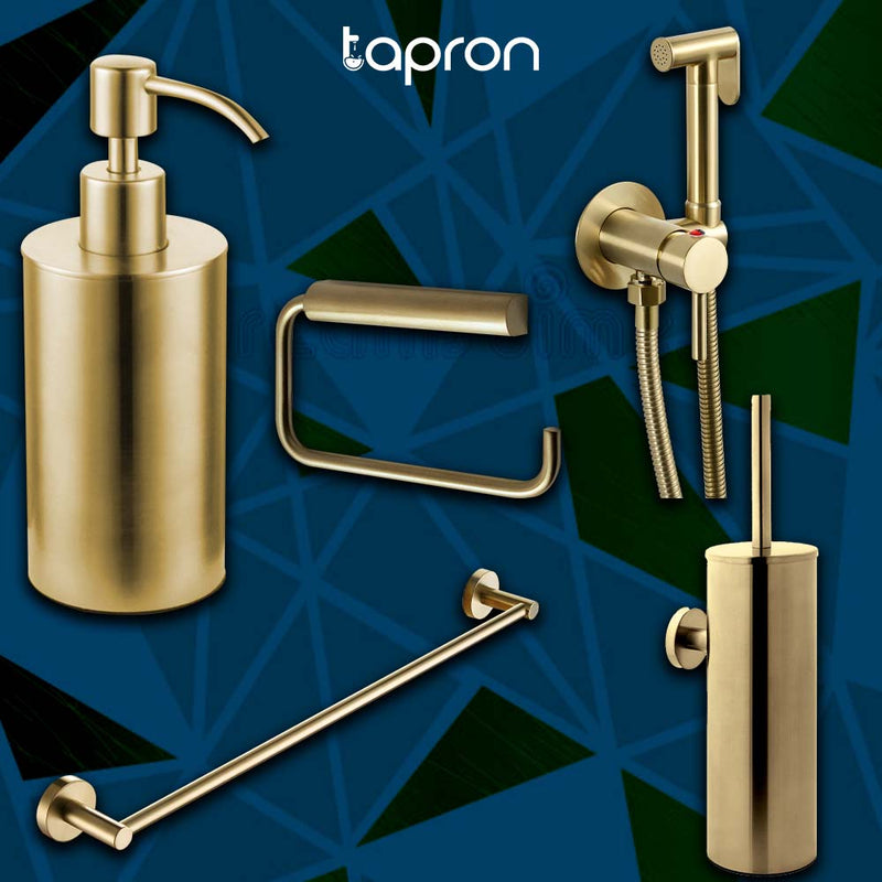 Gold bathroom set: wall-mounted towel rails, douche kit, toilet accessories