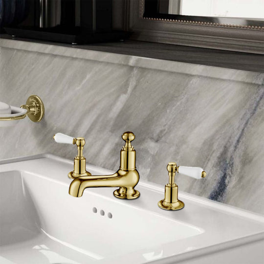 Brushed Gold Waterfall Bathroom Sink Faucet 3 Holes 2 Handles With Pop Up Drain 96 X 136 Brushed Gold Waterfall Bathroom Sink Faucet 3 Holes 2 Handles With Pop Up Drain 96 X 136
