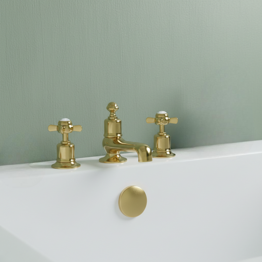 3-Hole Deck-Mounted Pinch Crosshead Bath Filler Mixer Tap - Gold