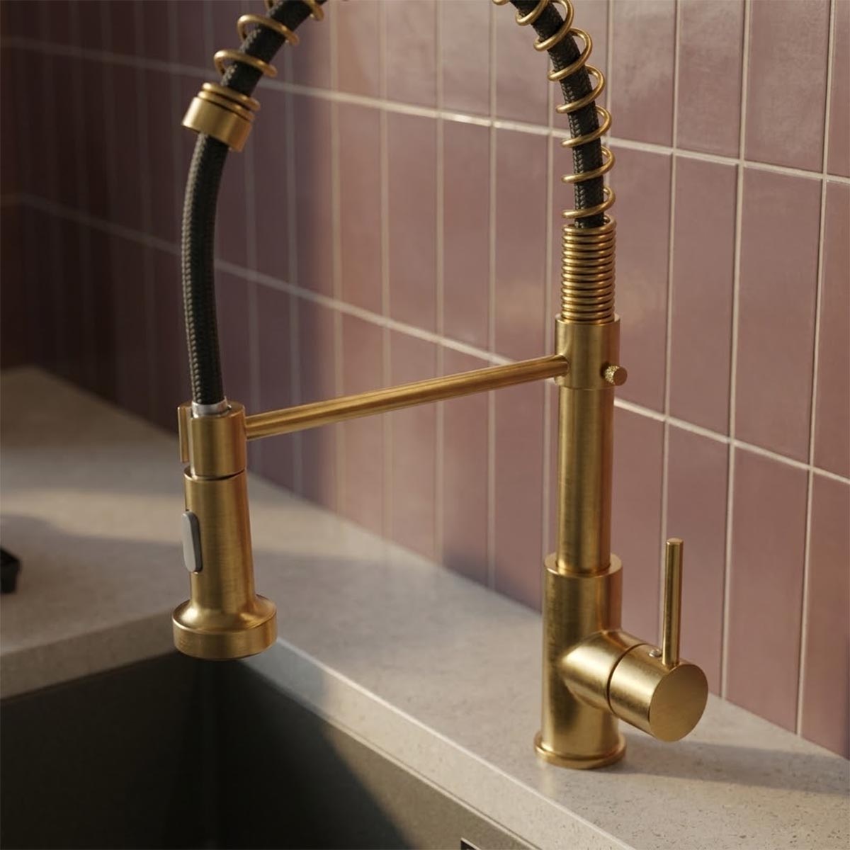 gold pull out kitchen mixer tap with spring flexible spout