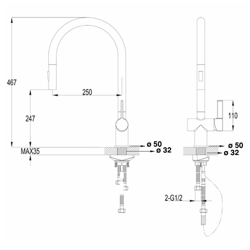 Technical Drawing - Tapron kitchen tap gold