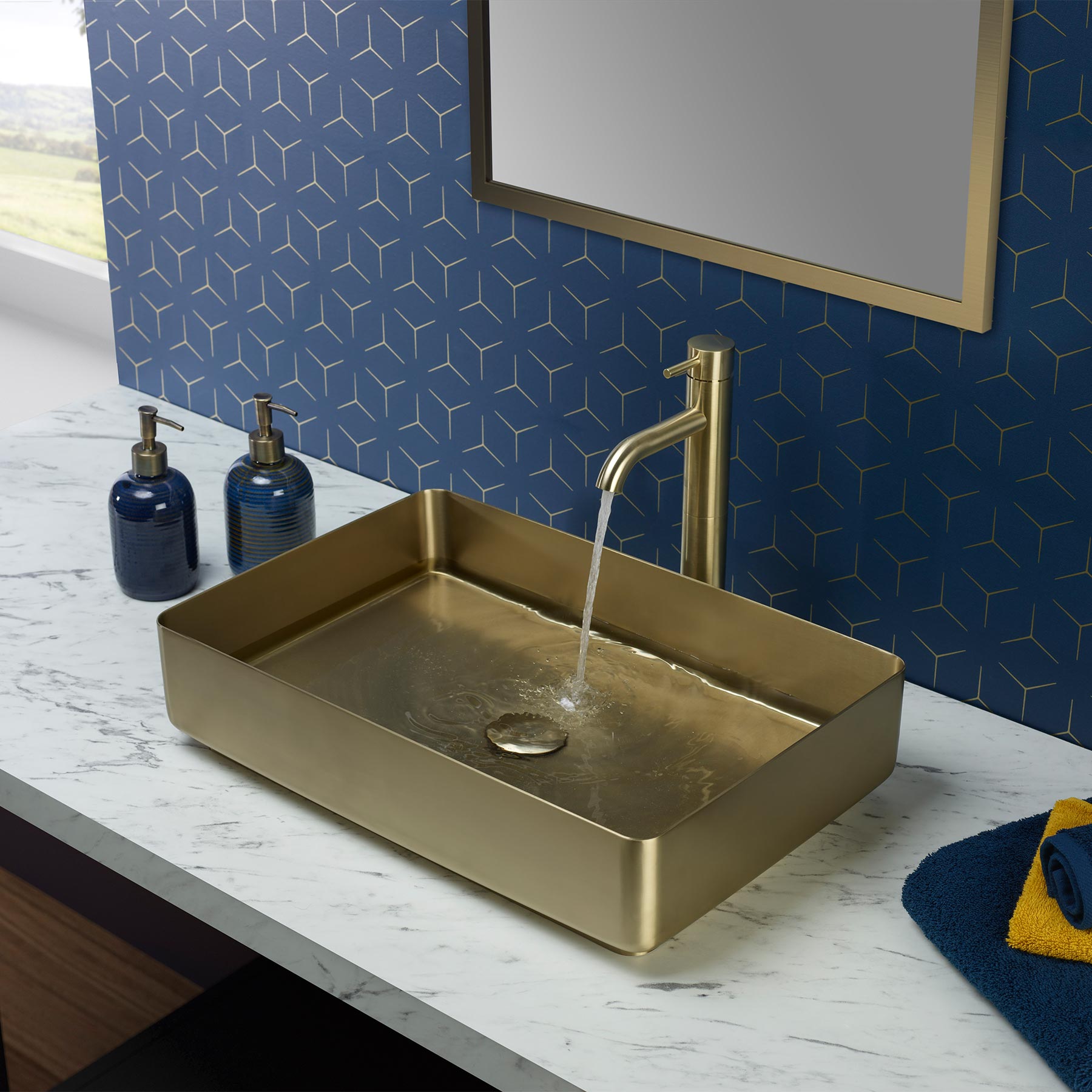 Gold countertop basin with tall basin mixer tap Main image