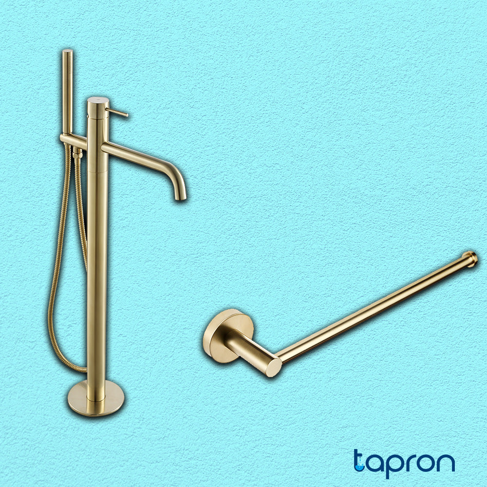brushed gold towel rail, bath shower mixer with shower kit