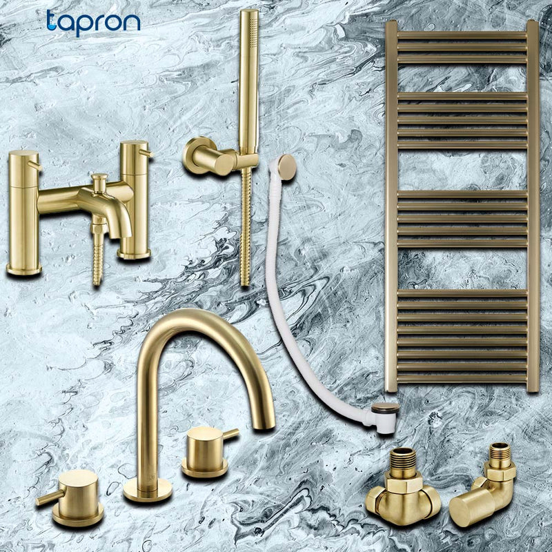 Radiator Valve, heated towel rail brushed gold, click clack bath waste, 3 hole deck mounted basin mixer tap, deck mounted bath shower mixer Tap