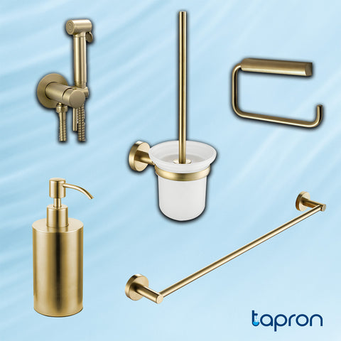 wall mounted toilet brush holder, toilet paper holder, soap dispensers for bathrooms, gold shower kit, gold heated towel rail ! TAPRON UK