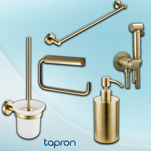 gold towel rail, gold toilet roll holder, shower kit, toilet brush holder, soap dispenser for bathroom