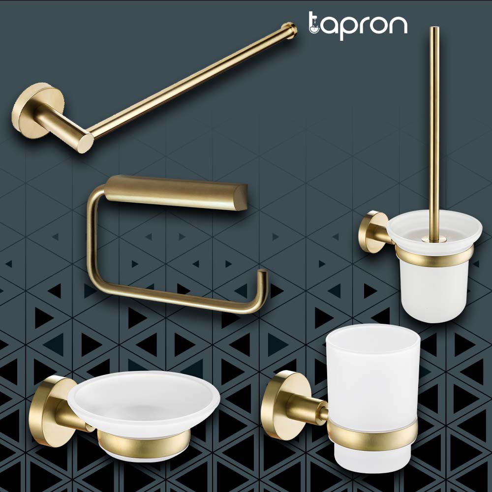 Brushed gold towel rail, wall mounted tumbler holder, wall mounted toilet roll holder, gold Soap Dish, toilet brush and holder Main image