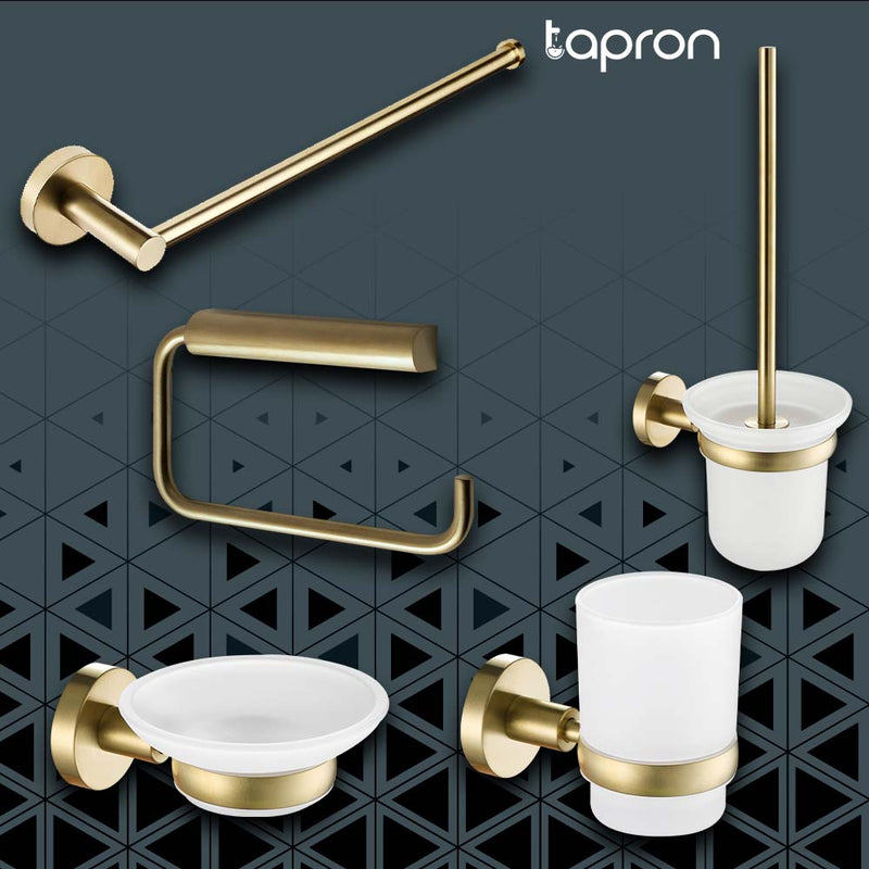 Brushed gold towel rail, wall mounted tumbler holder, wall mounted toilet roll holder, gold Soap Dish, toilet brush and holder