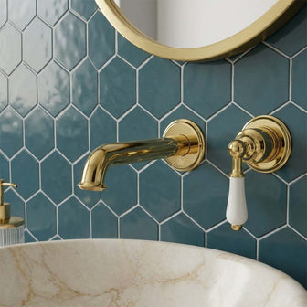 gold two hole basin tap with white ceramic lever  Main image