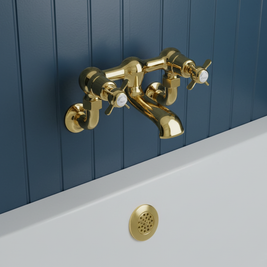 Traditional Wall-Mounted Pinch Crosshead Bath Filler Tap - Polished Gold