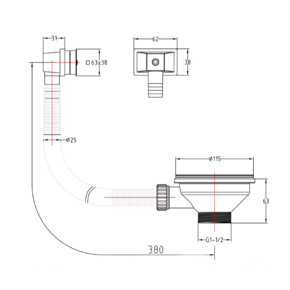 Copper Kitchen Sink Waste with Square Overflow, Cover and Basket Strainer