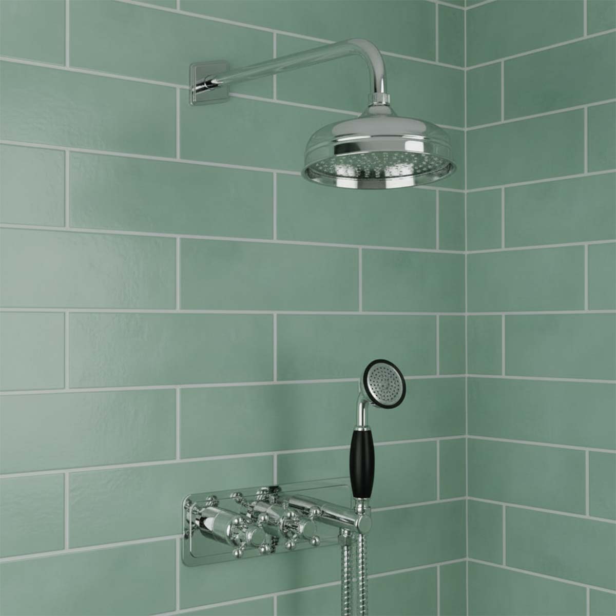 large traditional shower head and arm