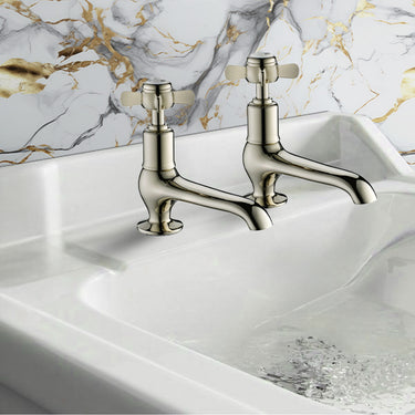 Traditional Long Nose Basin Pillar Taps - Nickel Finish