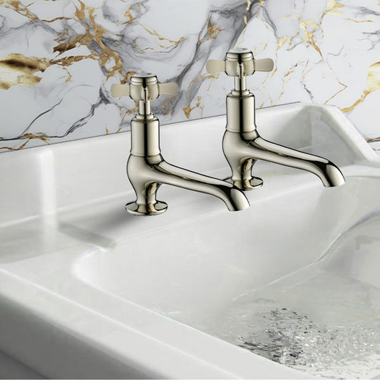 Traditional Long Nose Basin Pillar Taps - Nickel Finish 600