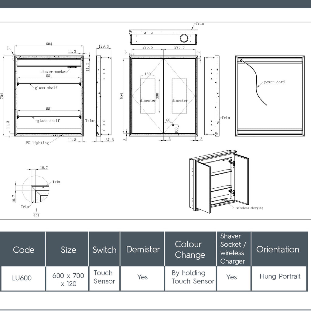 double door bathroom cabinet with mirror, demister and shaving socket 