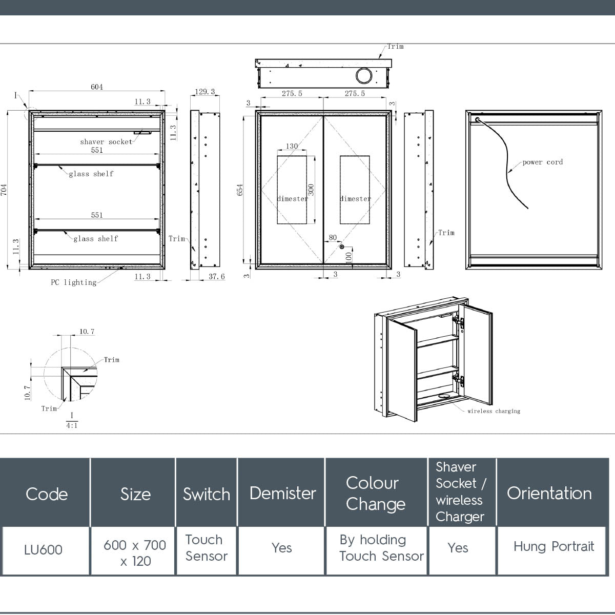 double door bathroom cabinet with mirror, demister and shaving socket 