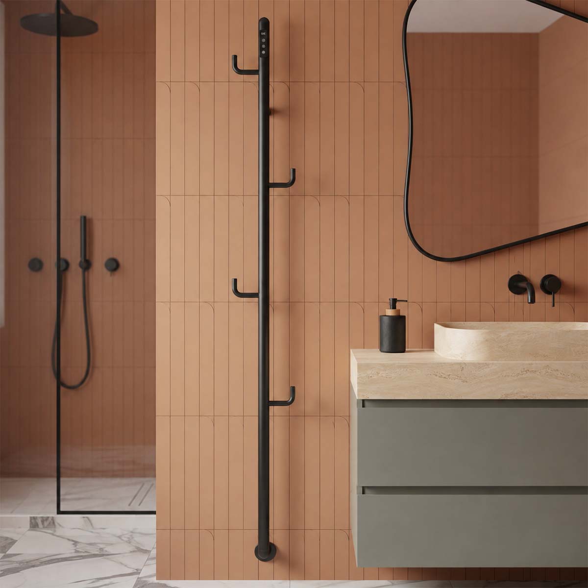 matt black designer electric towel rail with hooks and temperature control 