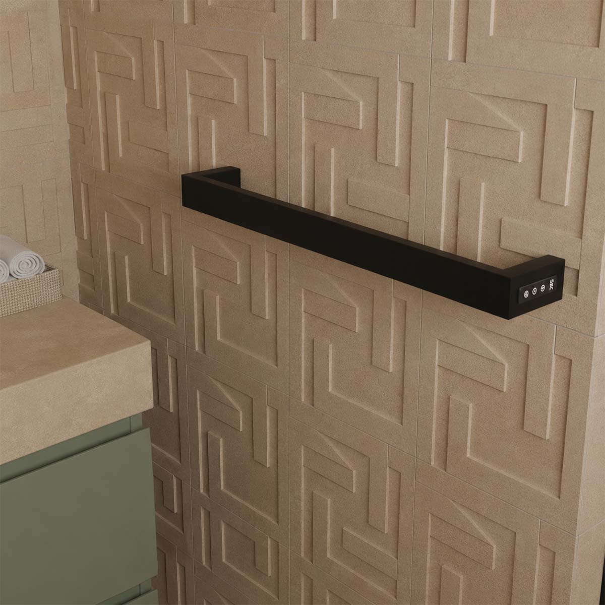 matt black electric heated towel bar with timer and thermostat