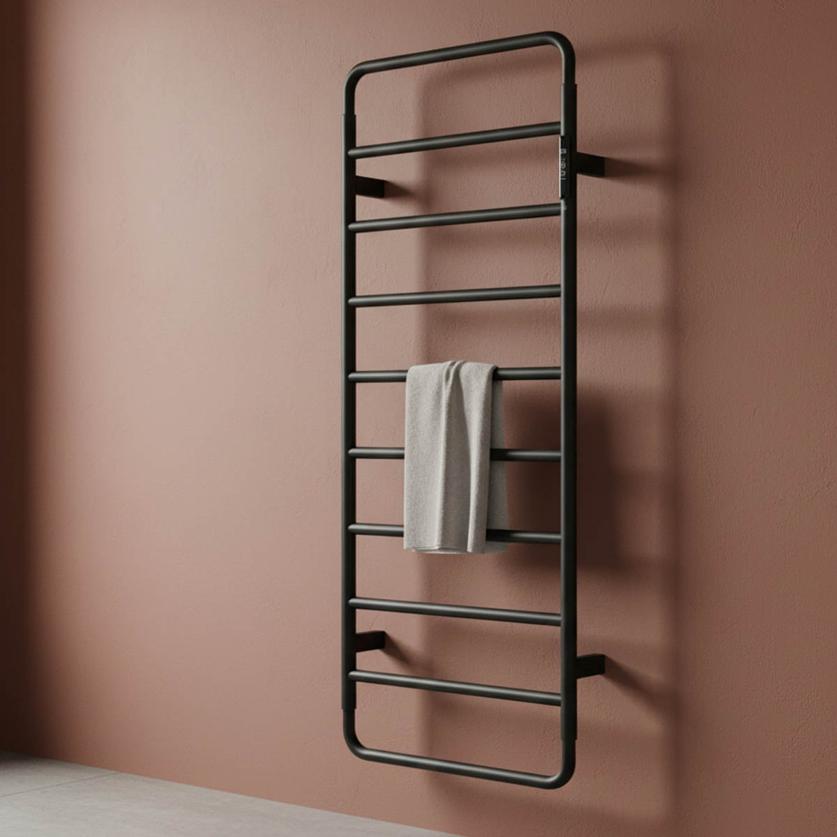matt black electric heated towel rail with thermostat Main image