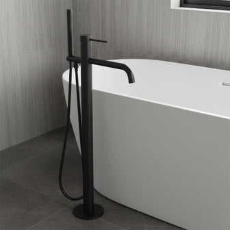 matt black floor standing bath tap with pencil shower handset  Main image