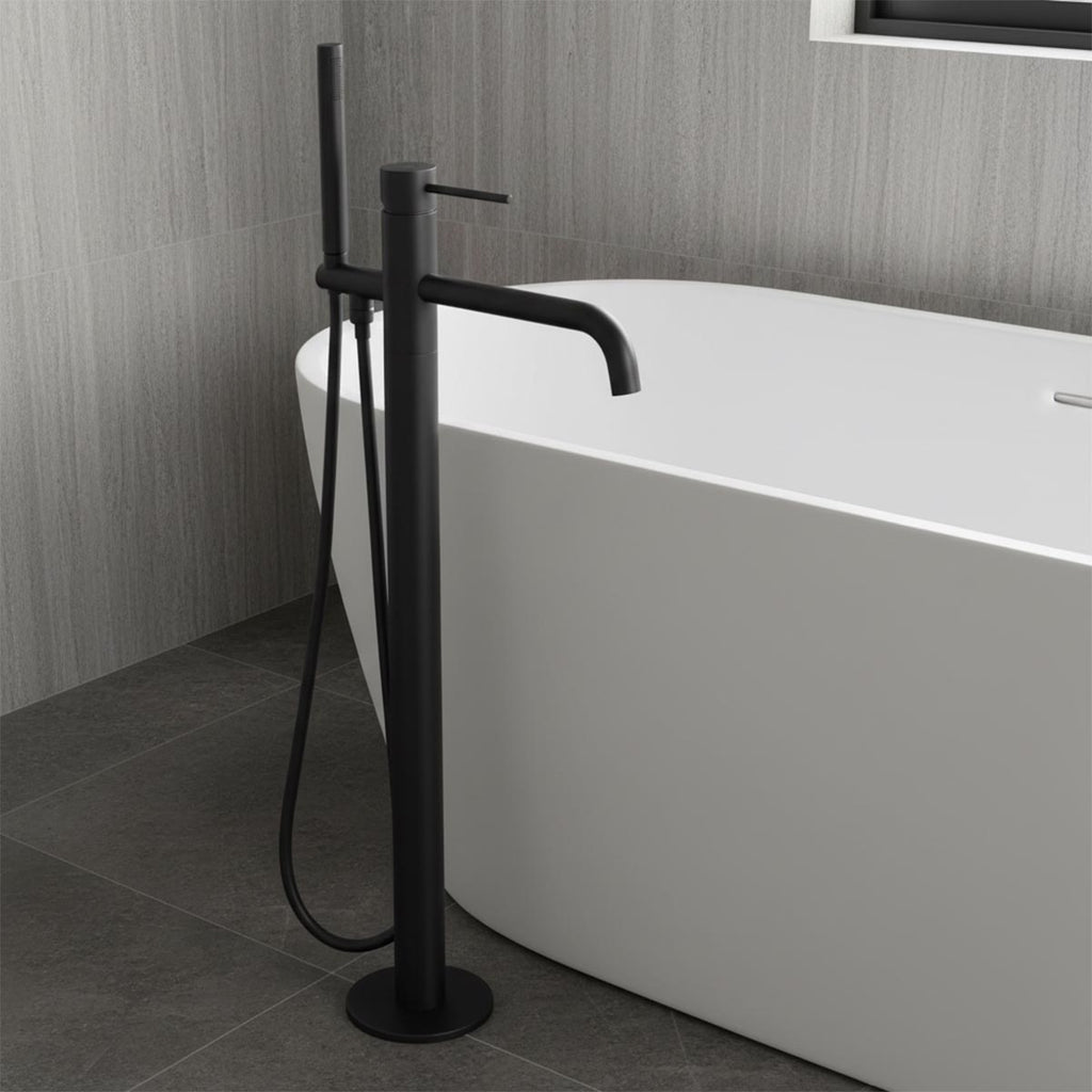 matt black floor standing bath tap with pencil shower handset 