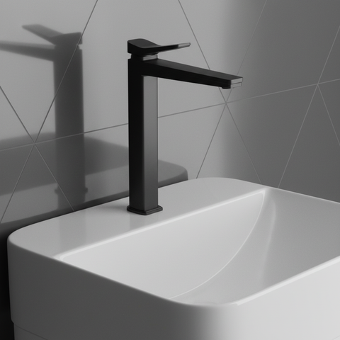 matt black high riser basin tap - deck mounted