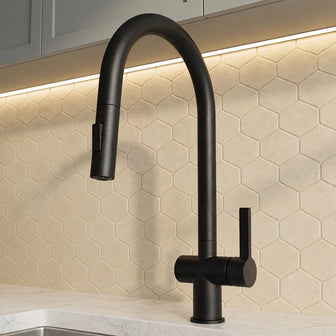 matt black kitchen tap with pull out hose and single lever  Main image