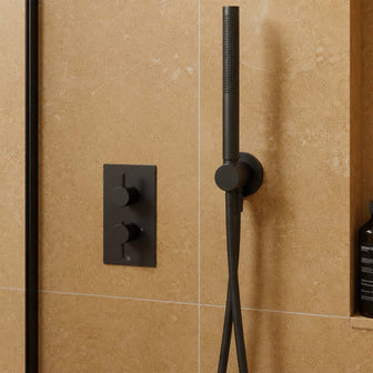 matt black round handheld shower with hose and holder  Main image