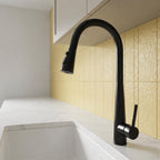 modern matt black kitchen sink tap with pull out hose and slim handle 