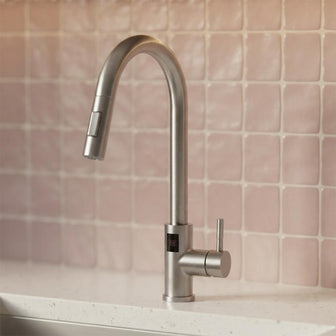 nickel kitchen tap with pull out spray and temperature display Main image