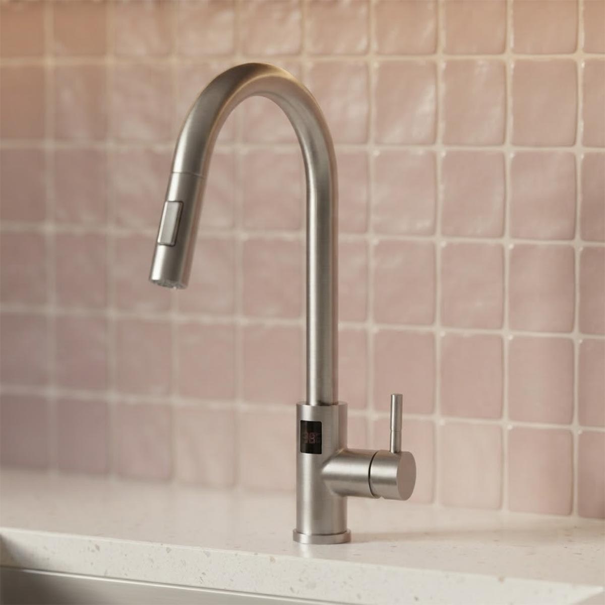 nickel kitchen tap with pull out spray and temperature display