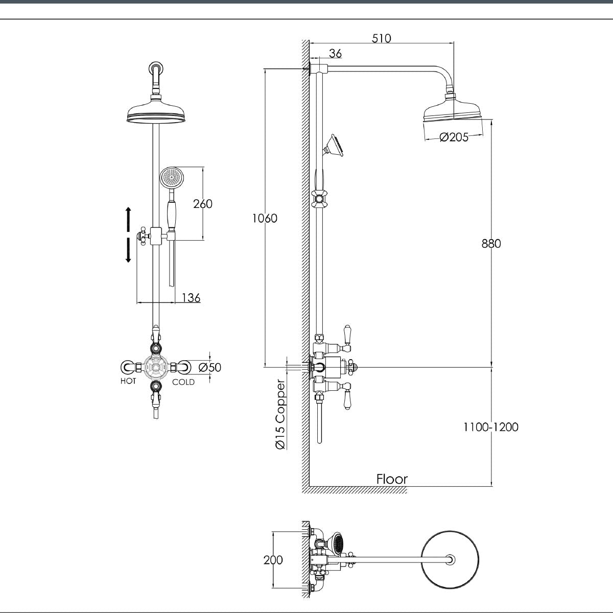 nickel shower rigid riser two options  technical drawing 
