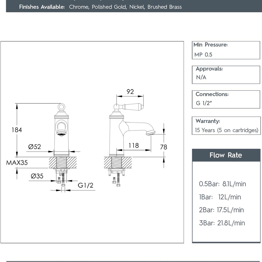 nickel single lever basin tap -technical