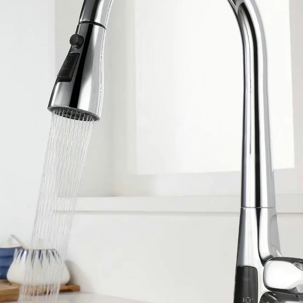 Pull Out Kitchen Tap with Single Lever and Temperature Display - Chrome Secondary image