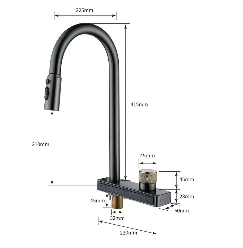 Black Pull Out Kitchen Tap 3 Mode Function Sprayer and Wide Outlet Waterfall