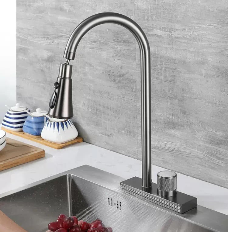 Pull Out Kitchen Tap Gunmetal Grey 3 Mode Function Sprayer and Wide Outlet Waterfall