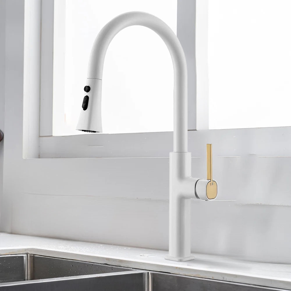 White kitchen tap with pull out spray