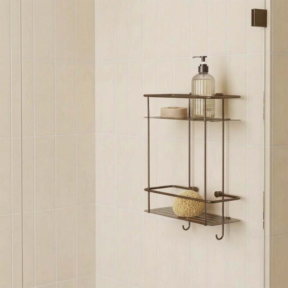 pure brushed bronze duble tier shower caddy with hanging hooks