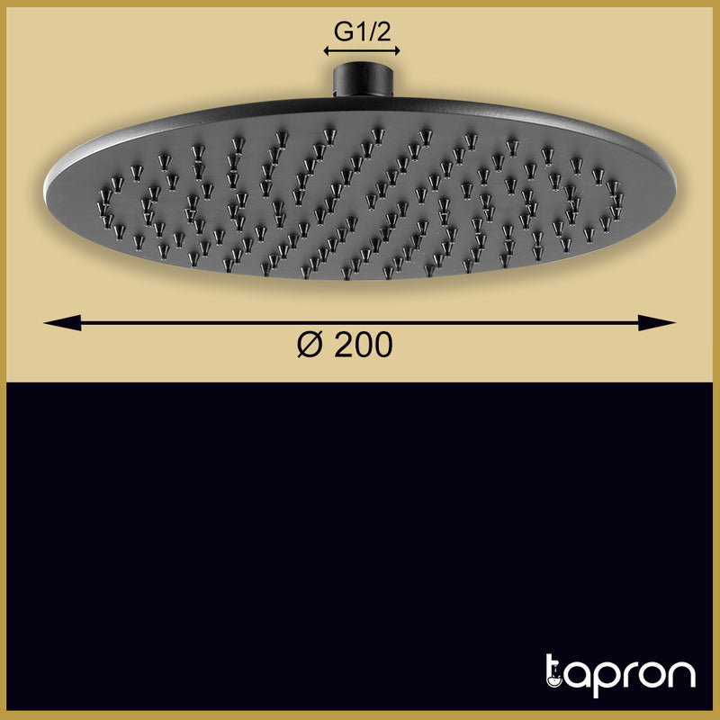 Pommeau de douche rond, 200 mm - Finition noir mat